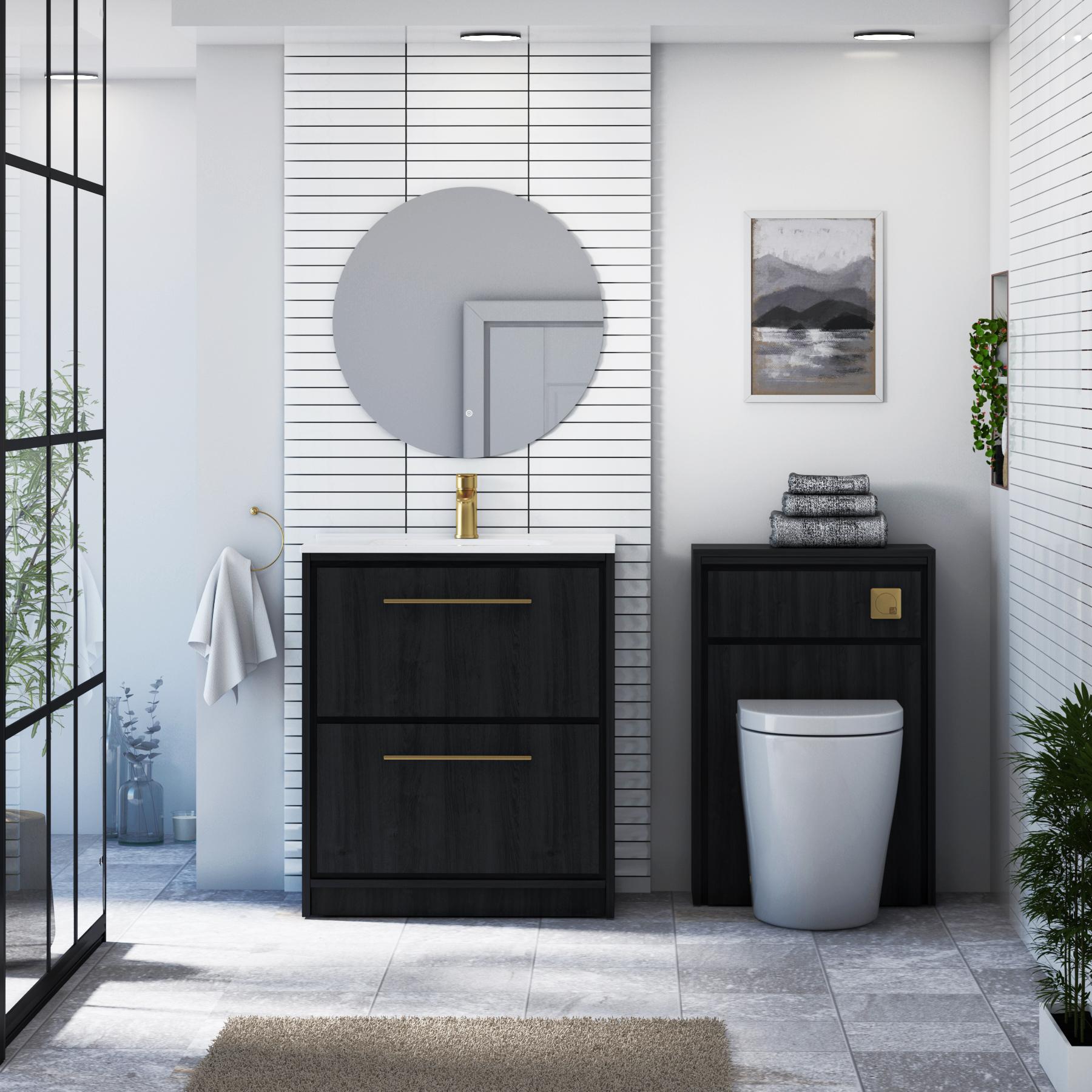 Livora Black Woodgrain Floor Standing 2 Drawer Vanity Unit with Optional Basin  & Various Handles