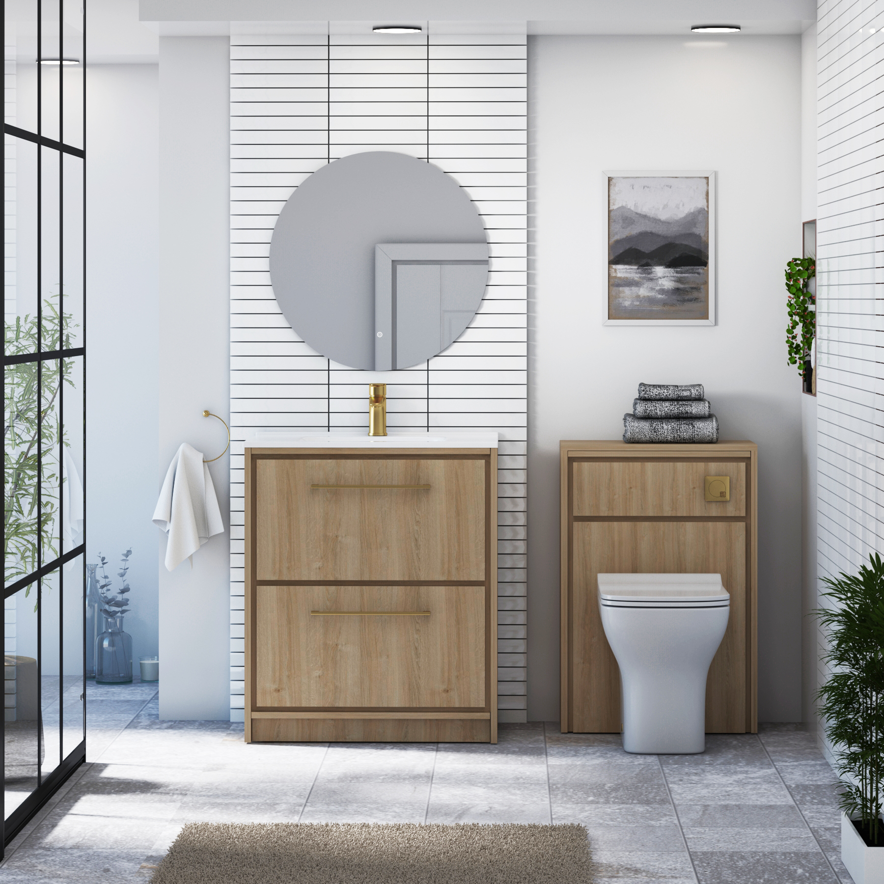 Livora Natural Oak Floor Standing 2 Drawer Vanity Unit with Optional Basin  & Various Handles