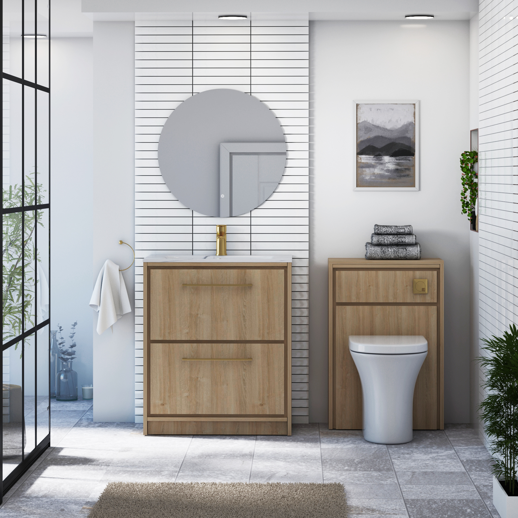 Livora Natural Oak Floor Standing 2 Drawer Vanity Unit with Optional Basin  & Various Handles