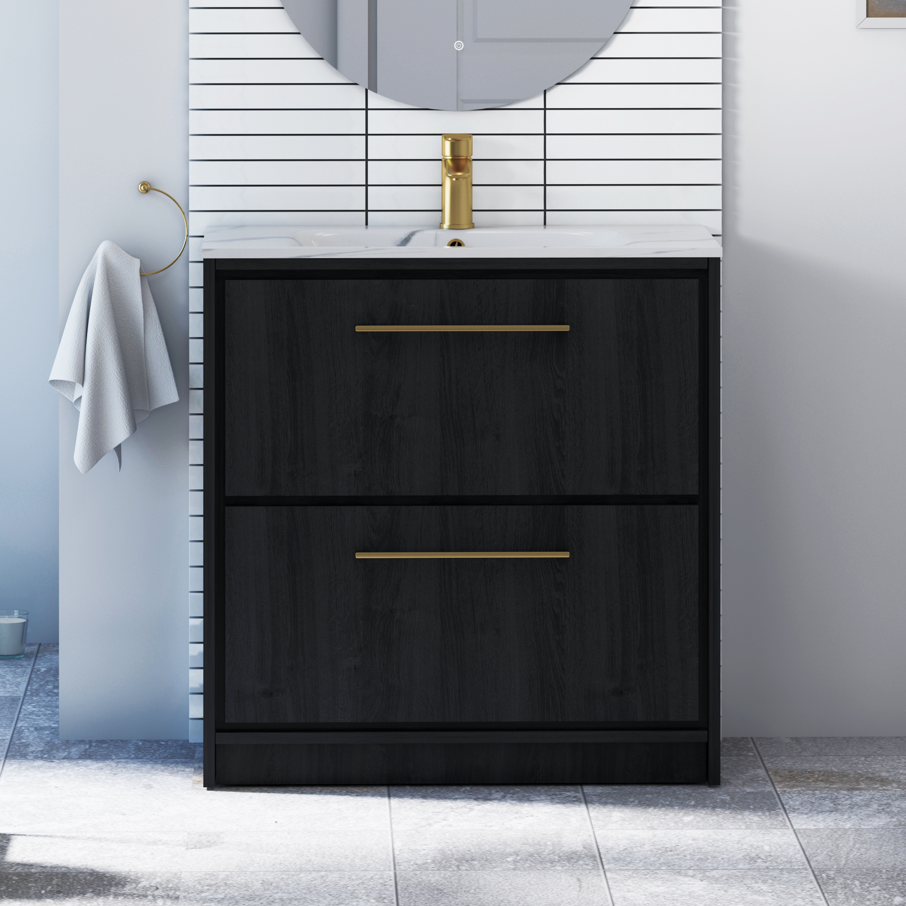 Livora Black Woodgrain Floor Standing 2 Drawer Vanity Unit with Optional Basin  & Various Handles