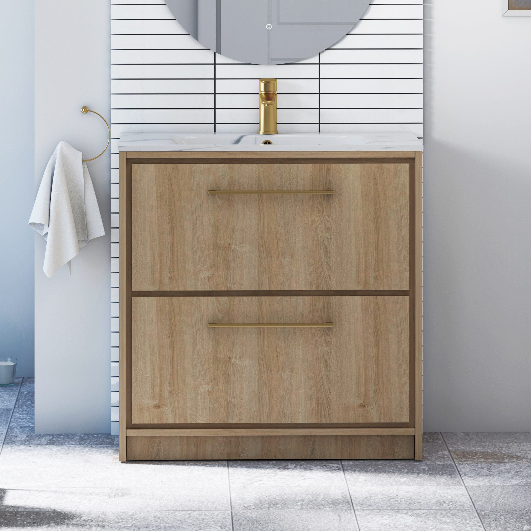 Livora Natural Oak Floor Standing 2 Drawer Vanity Unit with Optional Basin  & Various Handles