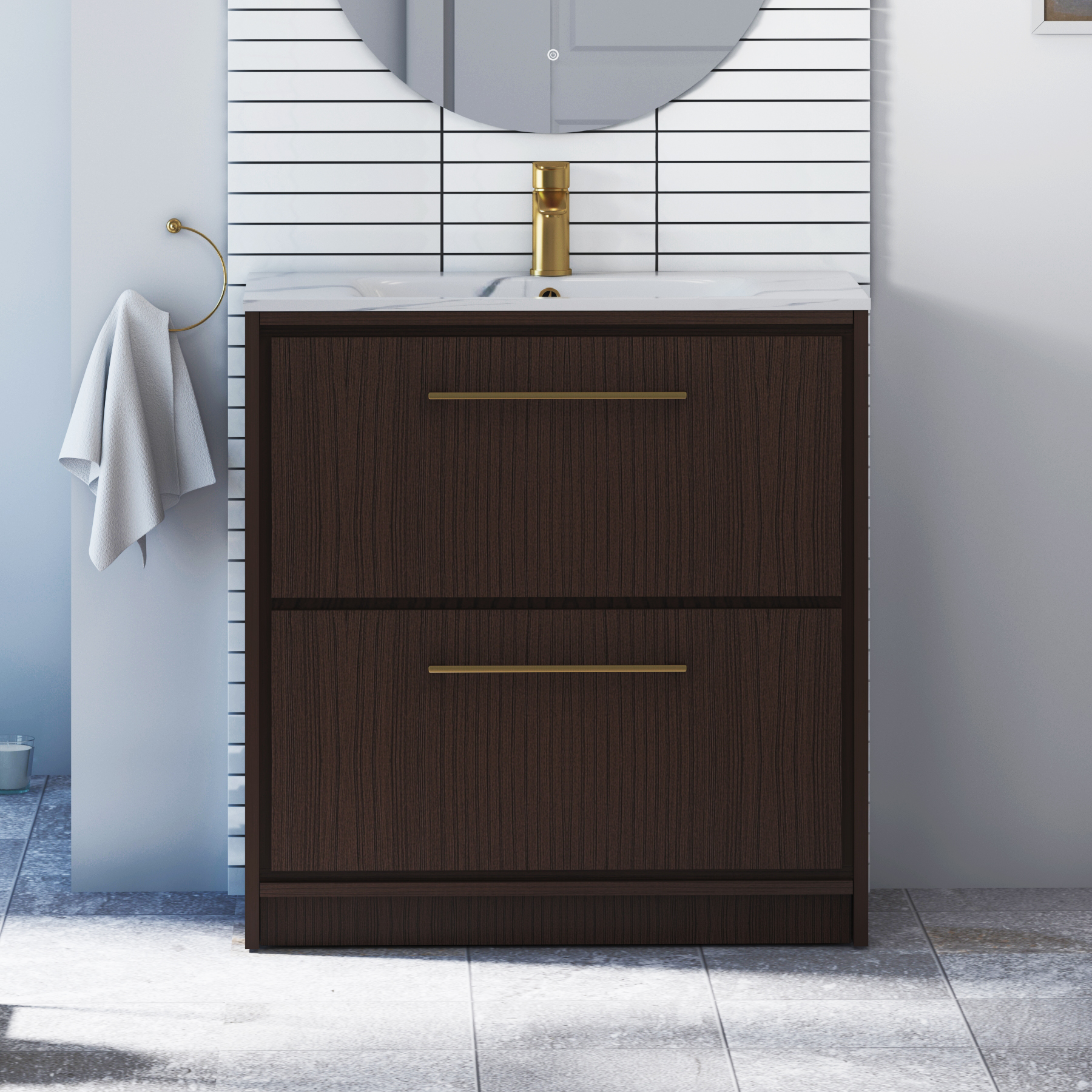 Livora Walnut Woodgrain Floor Standing 2 Drawer Vanity Unit with Optional Basin  & Various Handles
