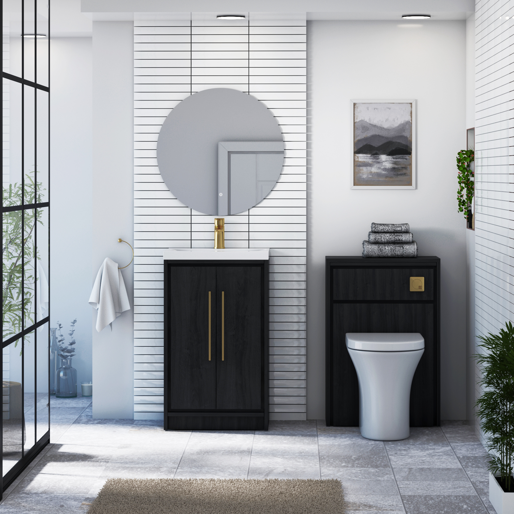 Livora 500mm Black Woodgrain Floor Standing 2 Door Vanity Unit with Optional Basin  & Various Handles