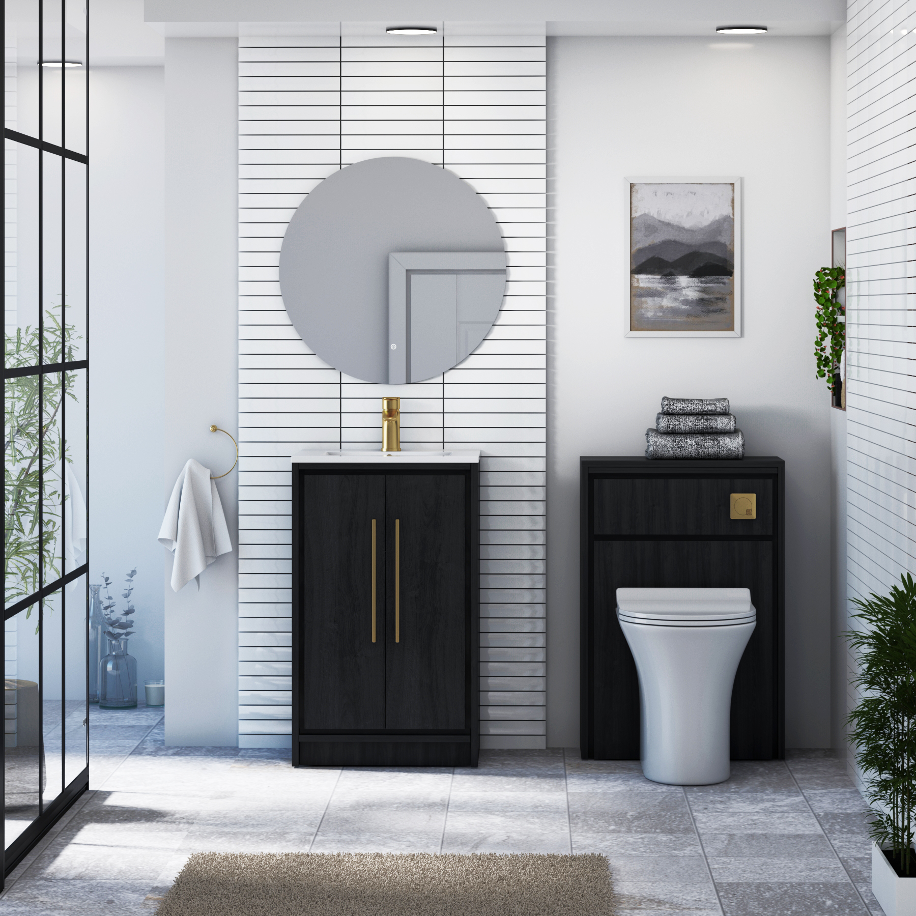 Livora 500mm Black Woodgrain Floor Standing 2 Door Vanity Unit with Optional Basin  & Various Handles