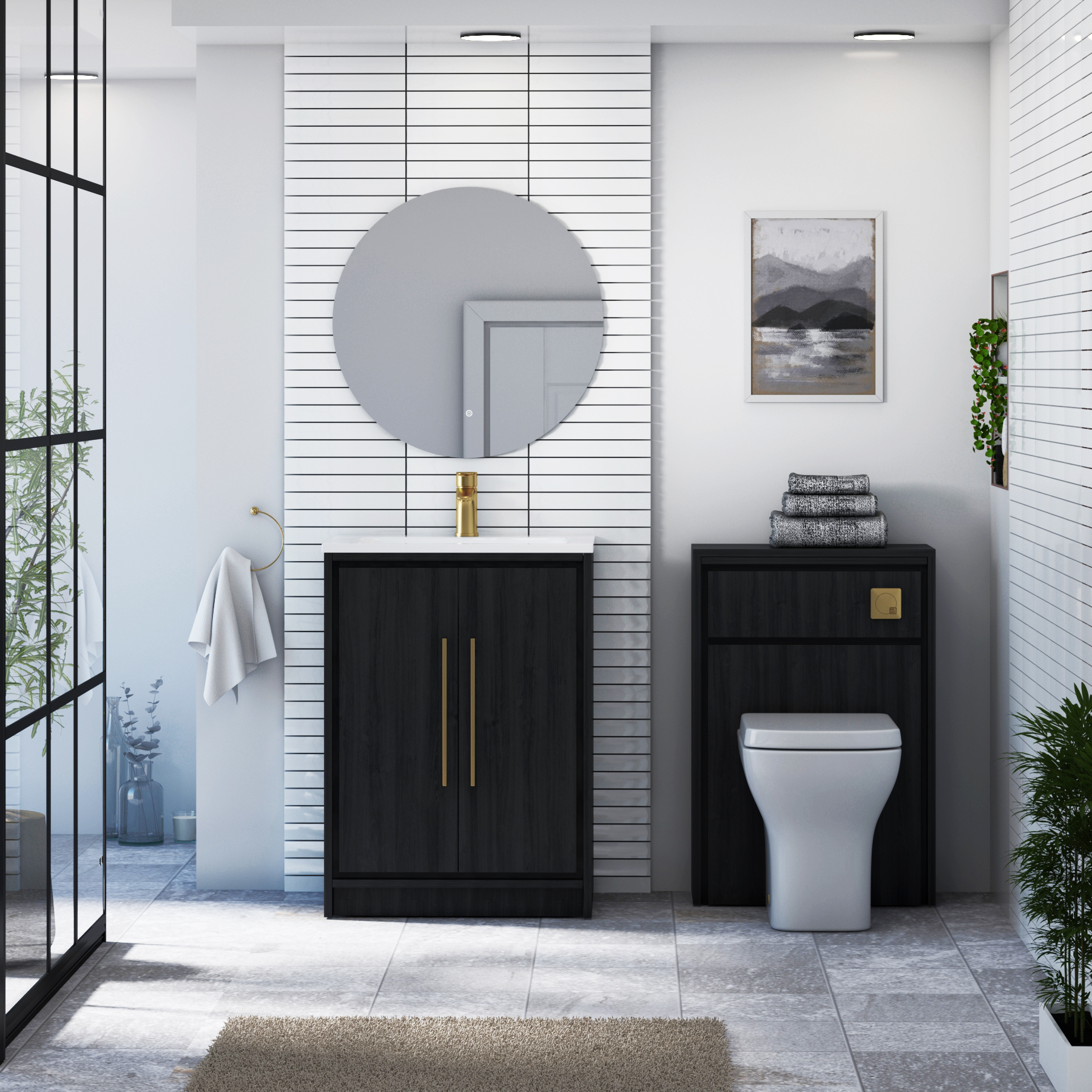 Livora 600mm Black Woodgrain Floor Standing 2 Door Vanity Unit with Optional Basin  & Various Handles