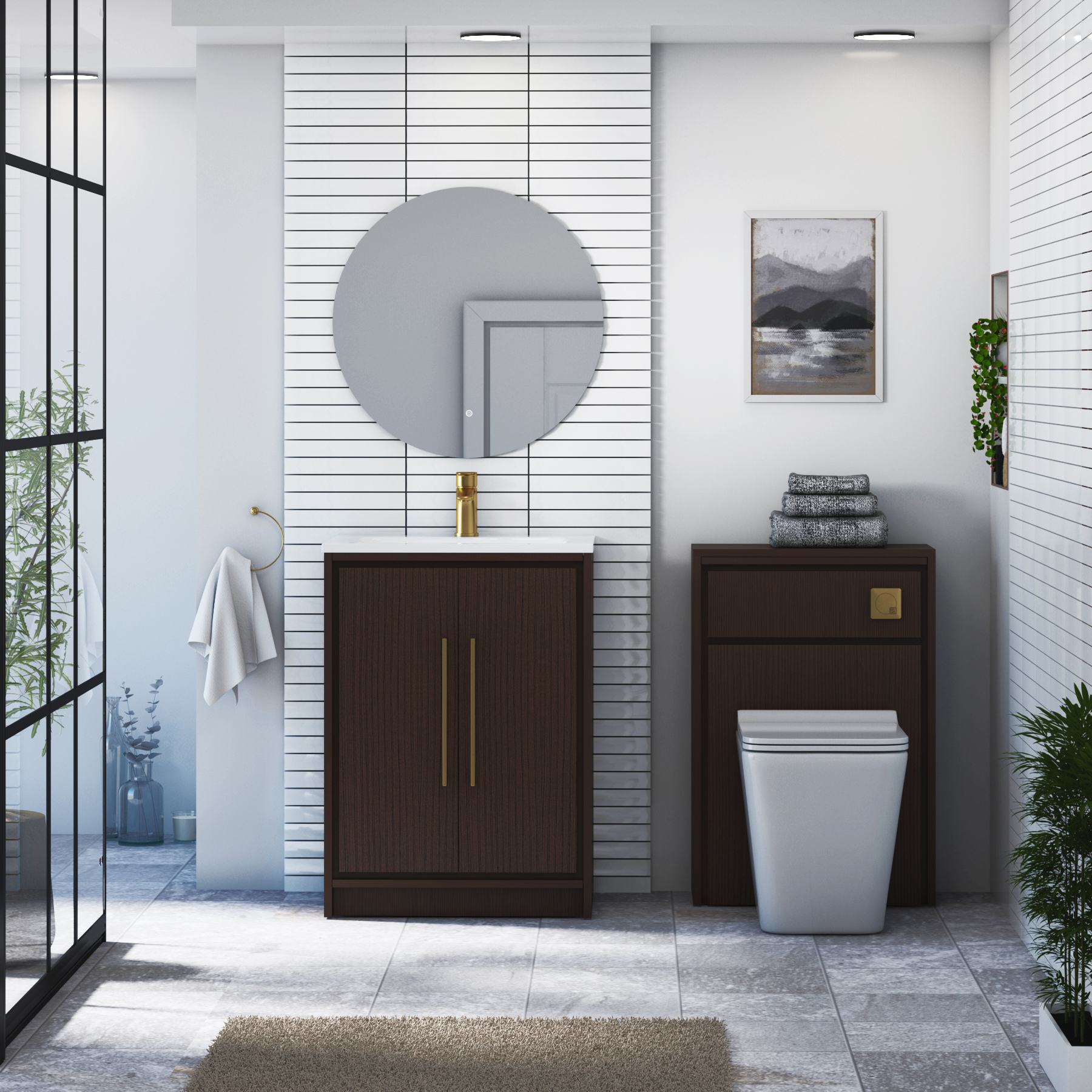 Livora 600mm Walnut Woodgrain Floor Standing 2 Door Vanity Unit with Optional Basin  & Various Handles