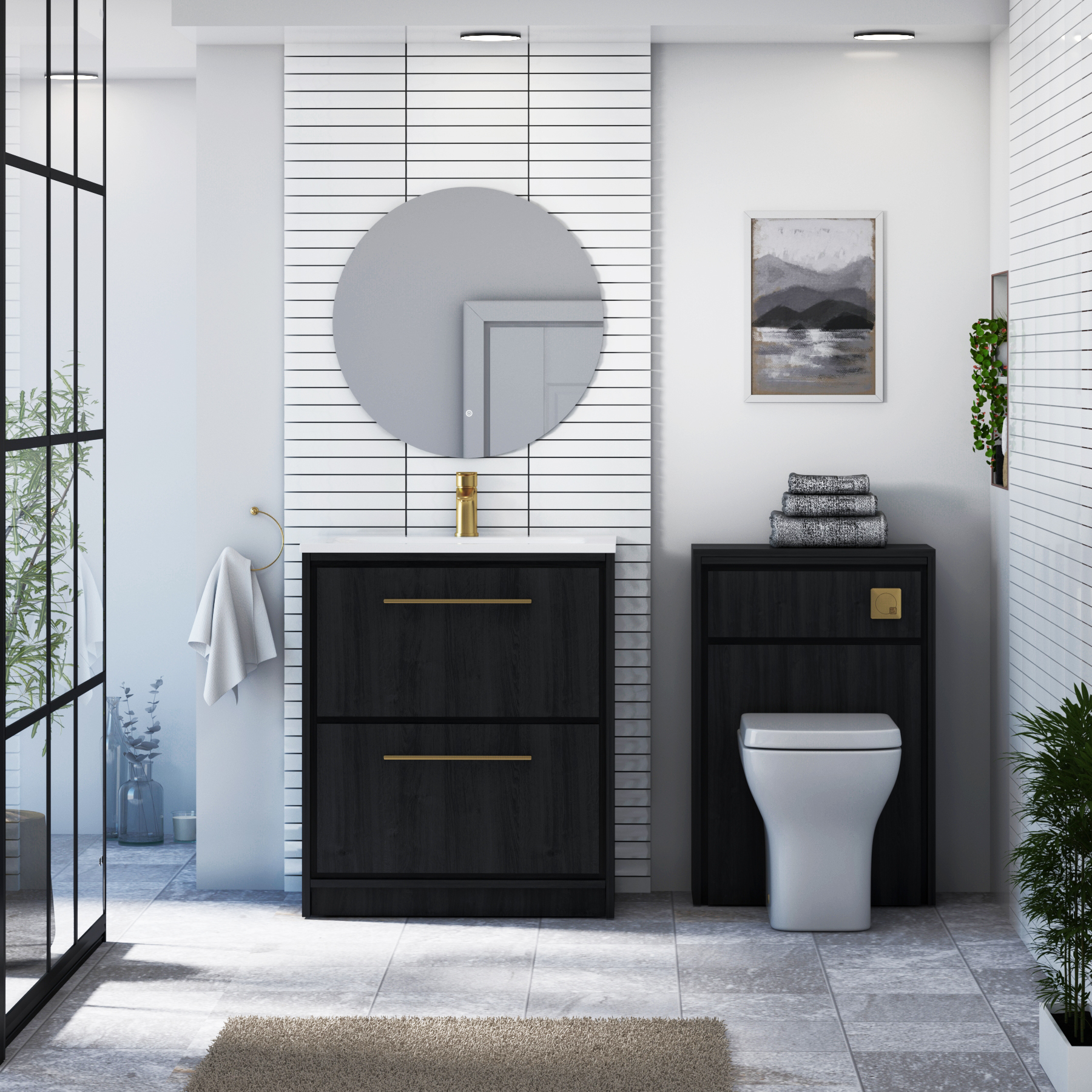 Livora Black Woodgrain Floor Standing 2 Drawer Vanity Unit with Optional Basin  & Various Handles