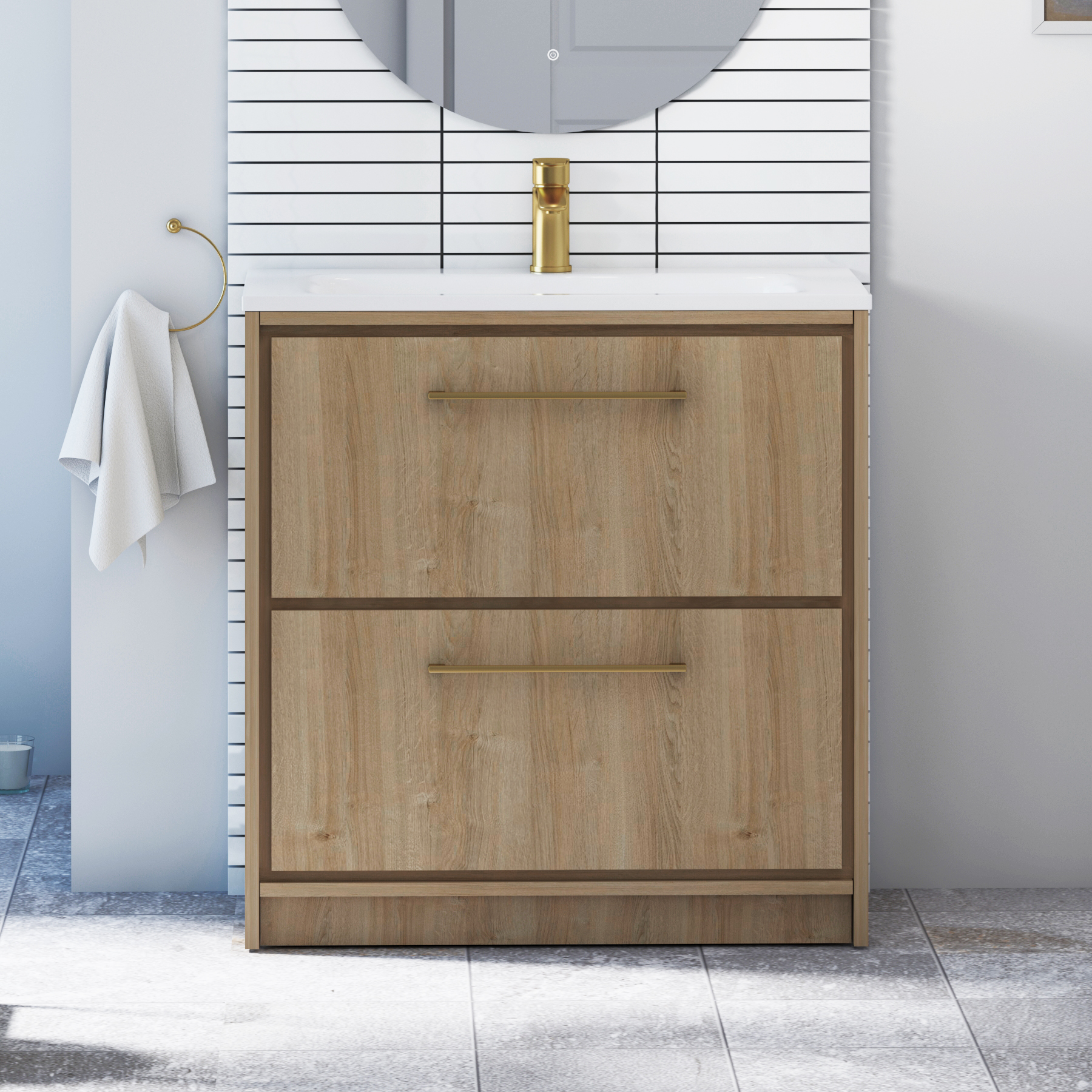 Livora Natural Oak Floor Standing 2 Drawer Vanity Unit with Optional Basin  & Various Handles