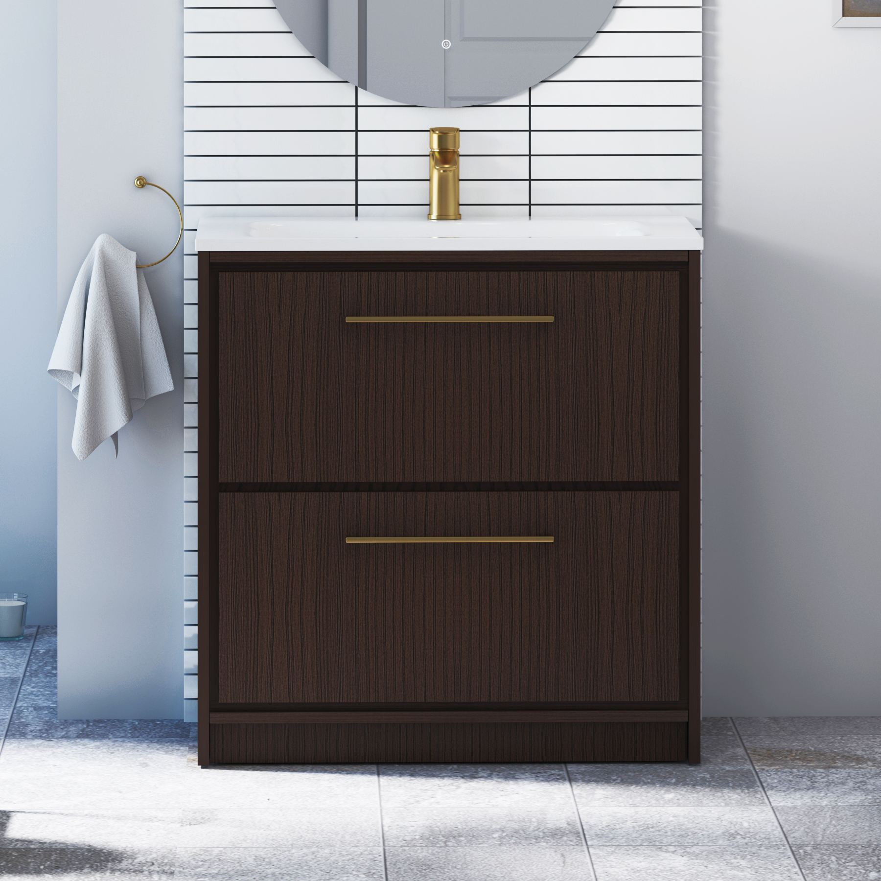 Livora Walnut Woodgrain Floor Standing 2 Drawer Vanity Unit with Optional Basin  & Various Handles