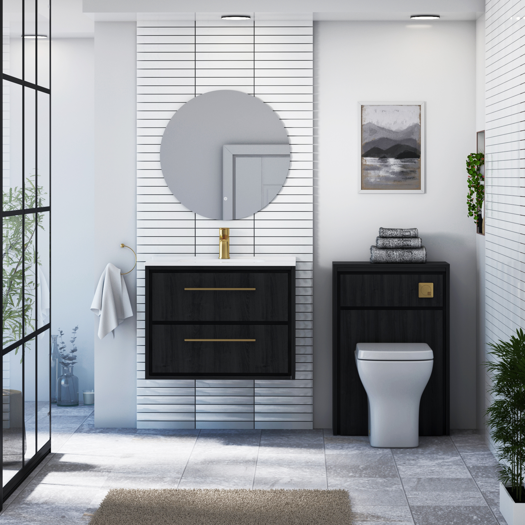 Livora Black Woodgrain Wall Hung 2 Drawer Vanity Unit with Optional Basin  & Various Handles