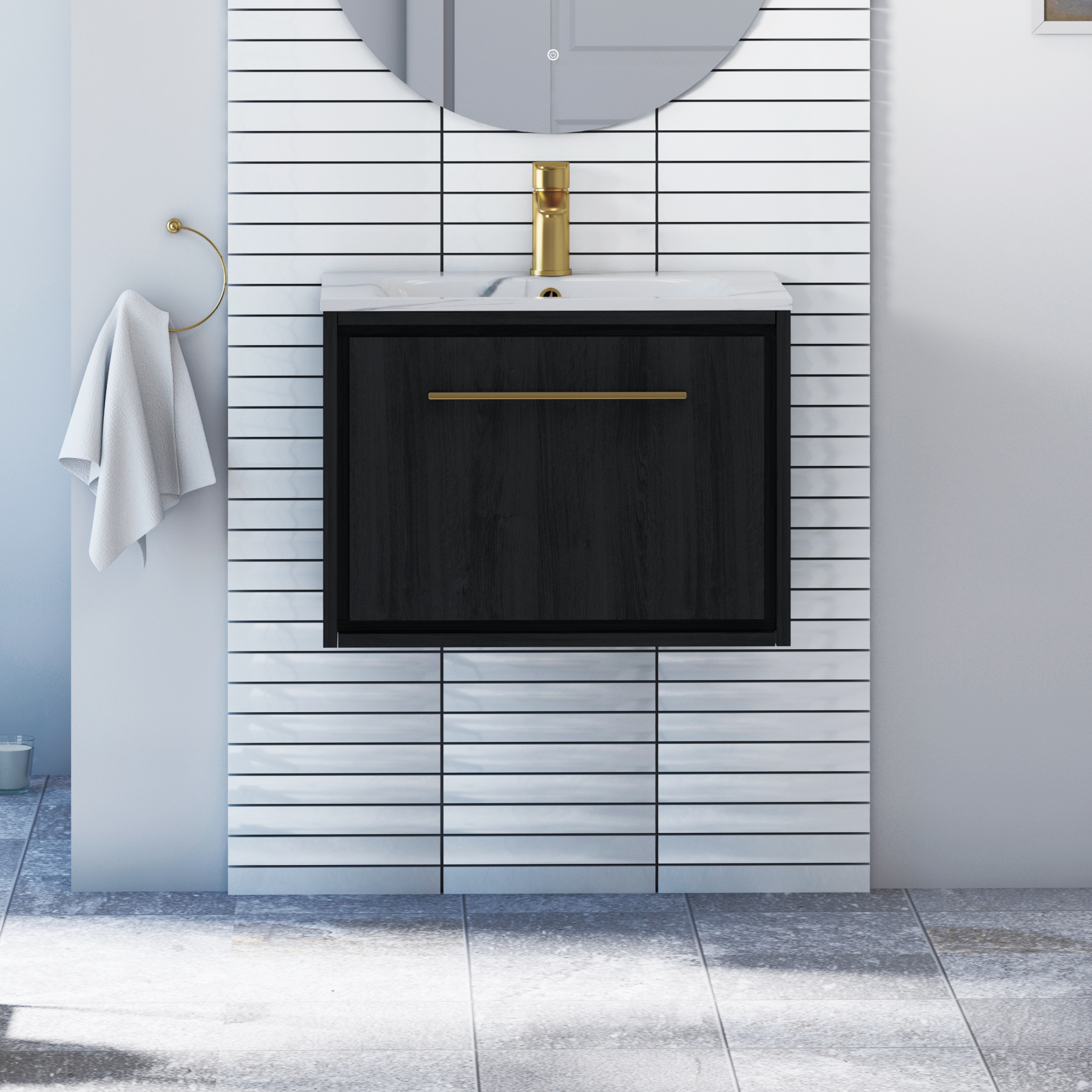 Livora 600mm Black Woodgrain Wall Hung 1 Drawer Vanity Unit with Optional Basin  & Various Handles
