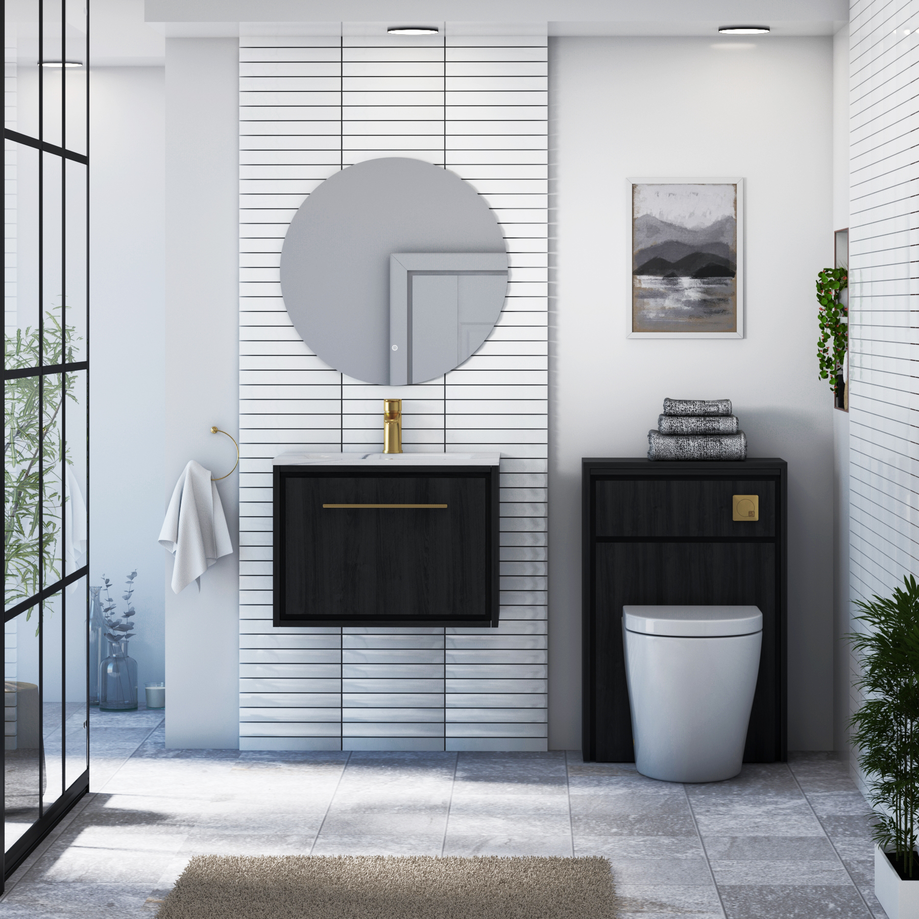 Livora 600mm Black Woodgrain Wall Hung 1 Drawer Vanity Unit with Optional Basin  & Various Handles