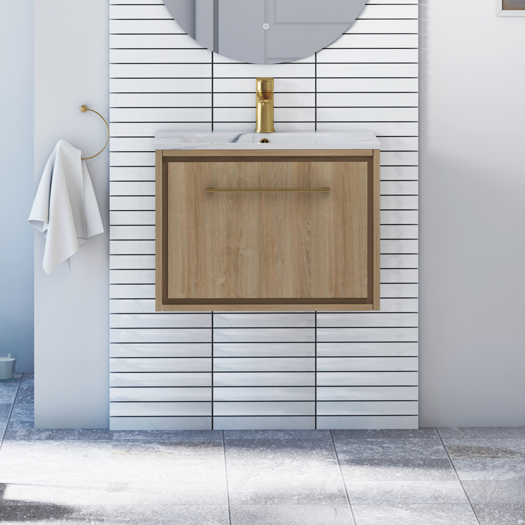 Livora 600mm Natural Oak Wall Hung 1 Drawer Vanity Unit with Optional Basin  & Various Handles