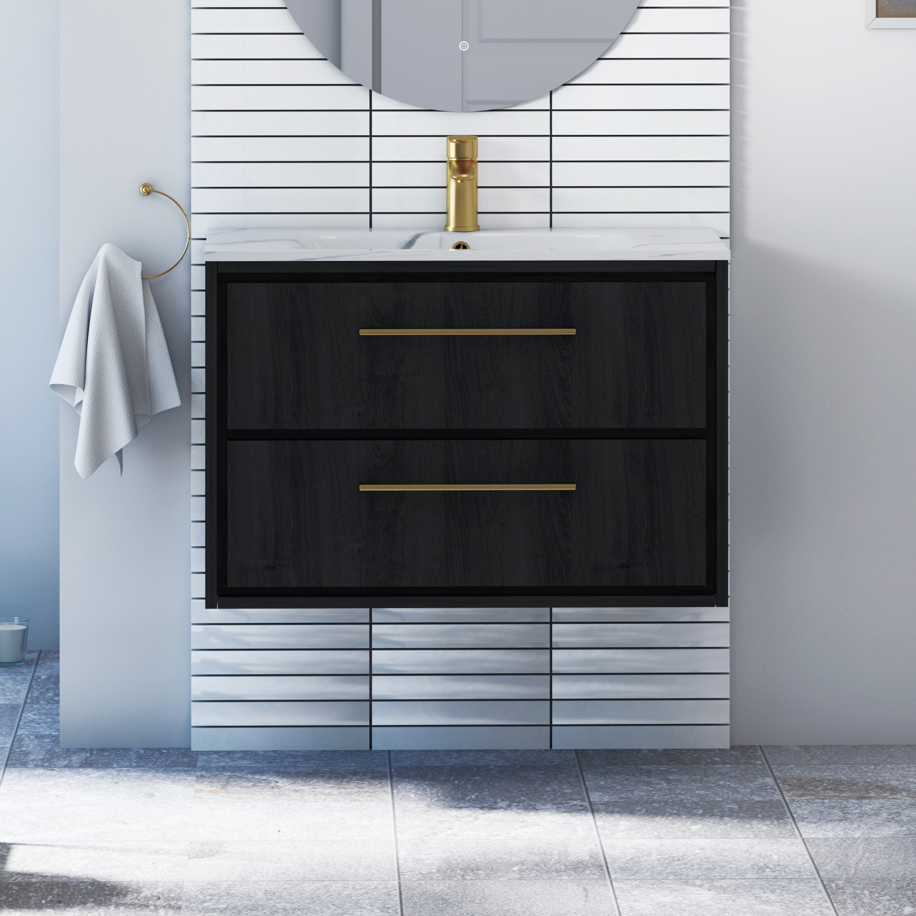 Livora Black Woodgrain Wall Hung 2 Drawer Vanity Unit with Optional Basin  & Various Handles