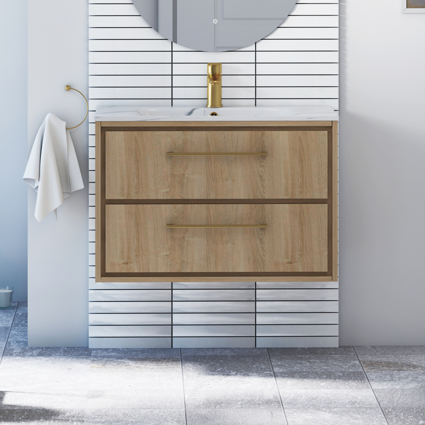 Livora Natural Oak Wall Hung 2 Drawer Vanity Unit with Optional Basin  & Various Handles