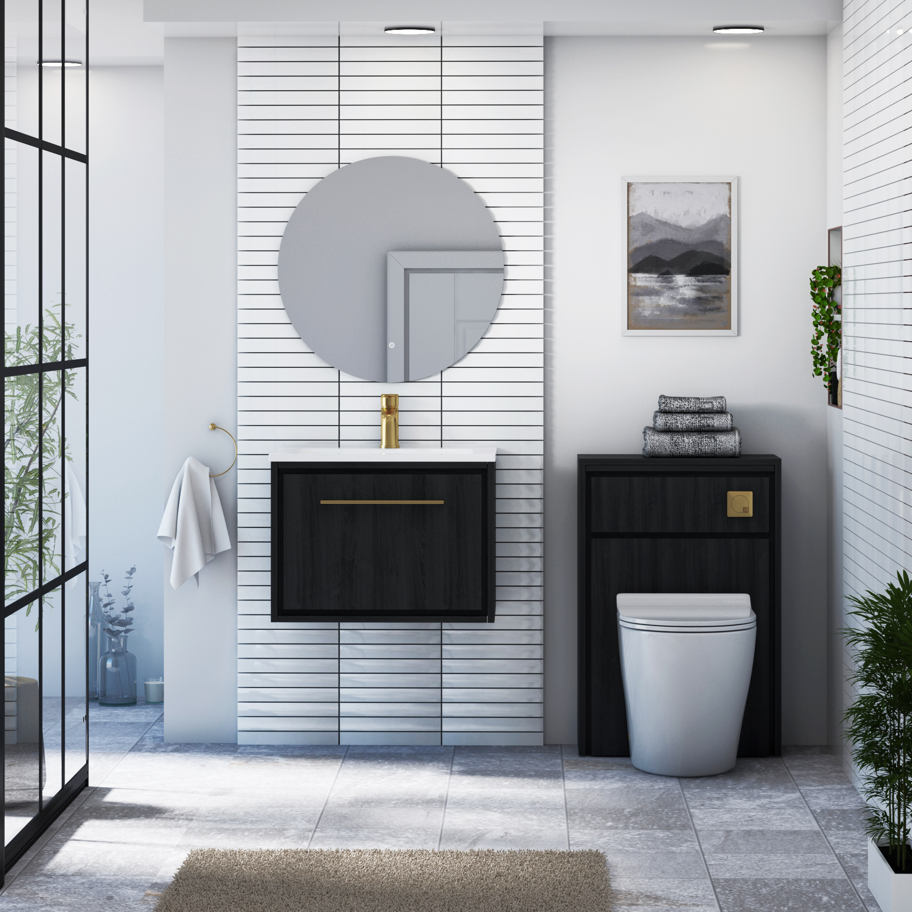 Livora 600mm Black Woodgrain Wall Hung 1 Drawer Vanity Unit with Optional Basin  & Various Handles
