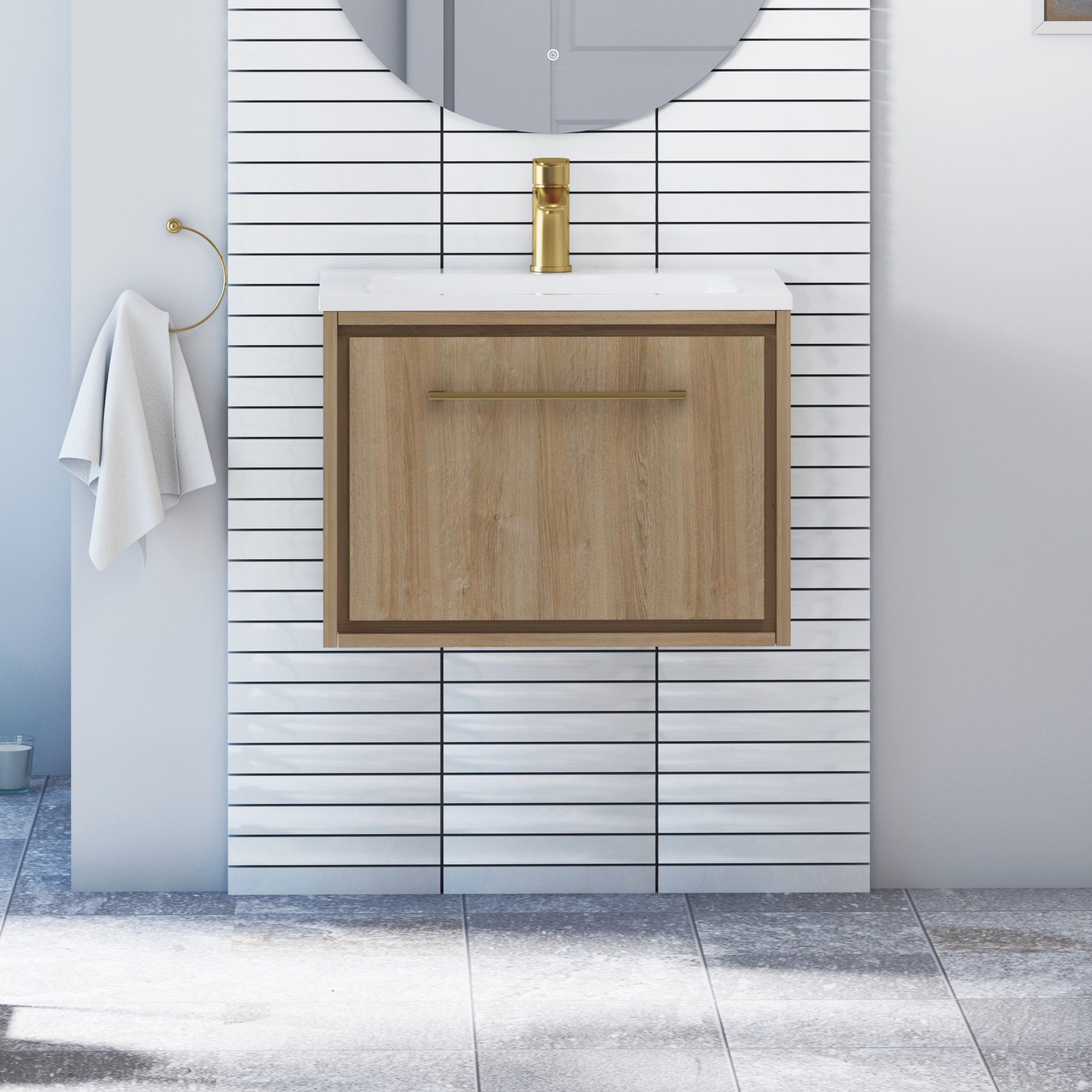 Livora 600mm Natural Oak Wall Hung 1 Drawer Vanity Unit with Optional Basin  & Various Handles