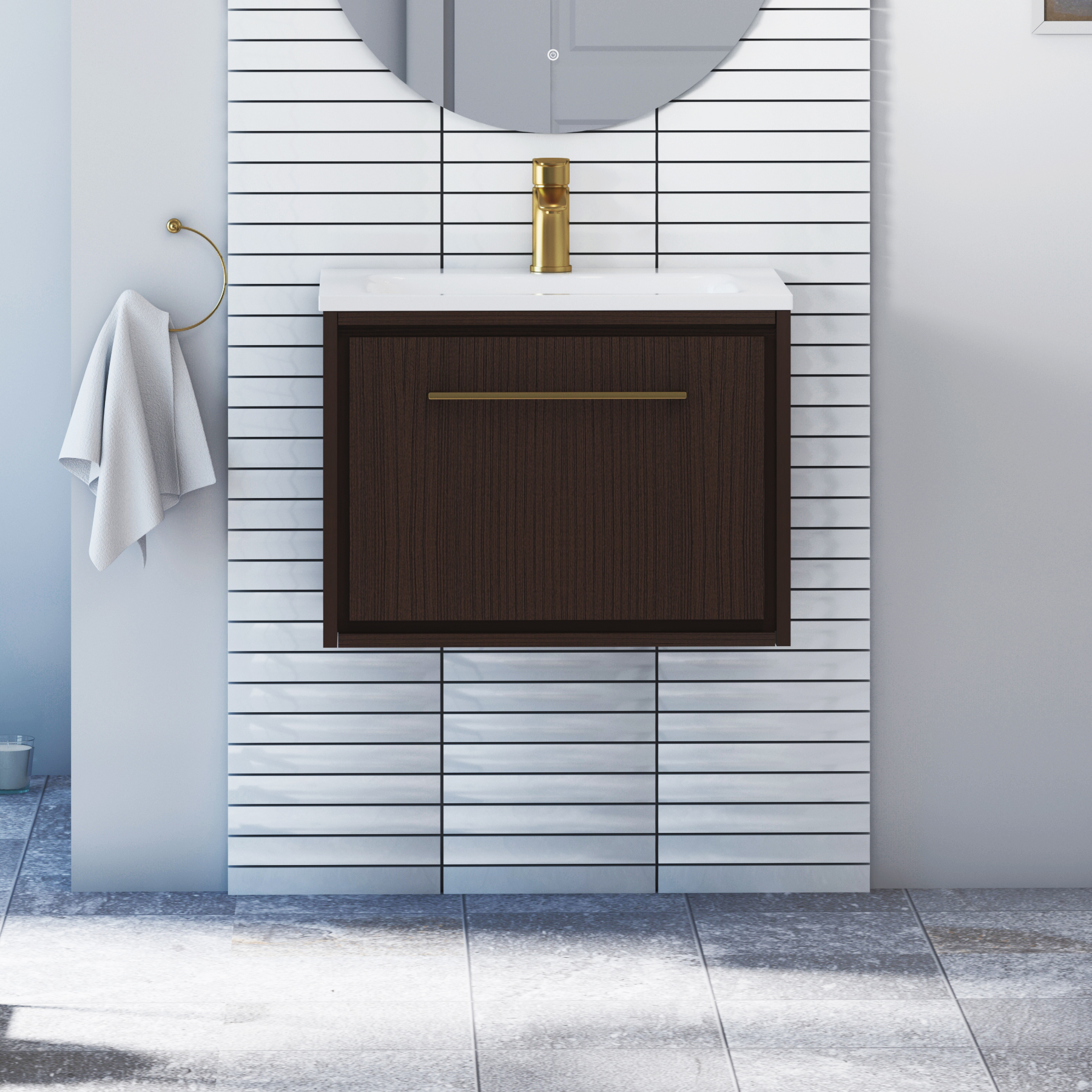 Livora 600mm Walnut Woodgrain Wall Hung 1 Drawer Vanity Unit with Optional Basin  & Various Handles