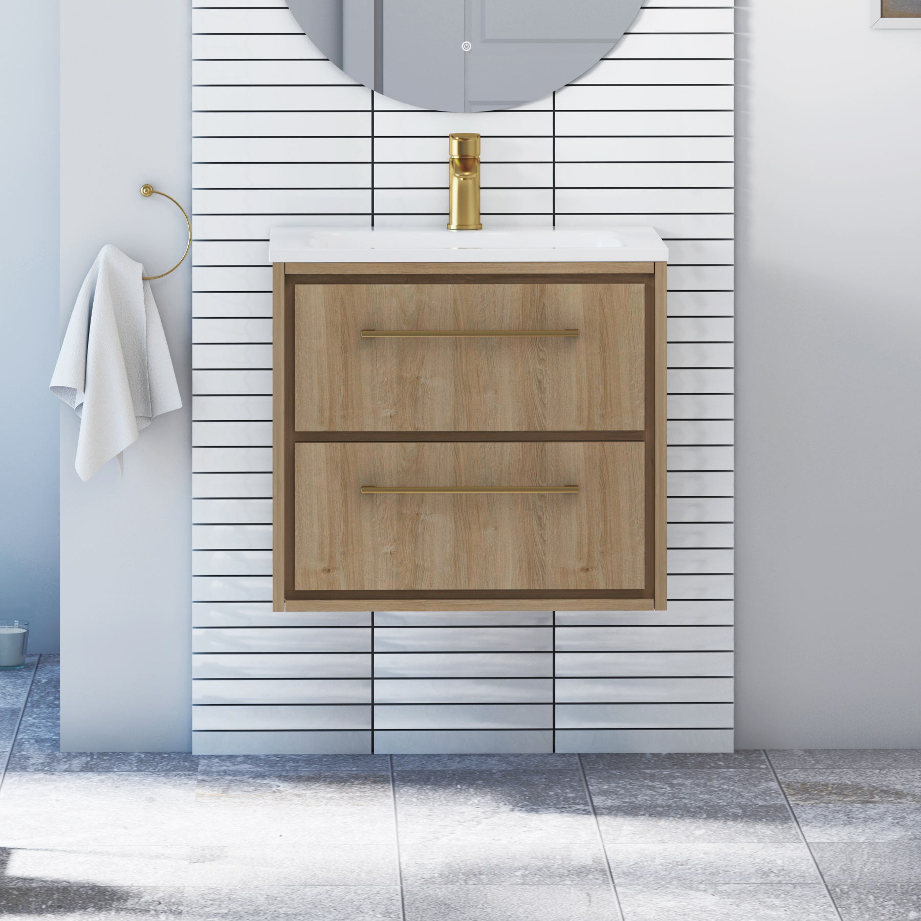 Livora Natural Oak Wall Hung 2 Drawer Vanity Unit with Optional Basin  & Various Handles