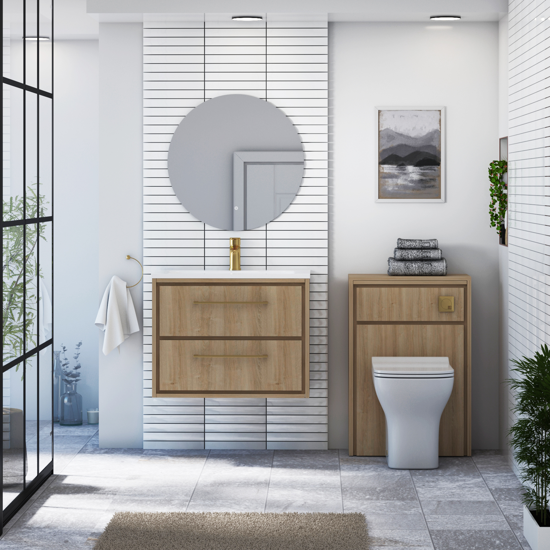 Livora Natural Oak Wall Hung 2 Drawer Vanity Unit with Optional Basin  & Various Handles