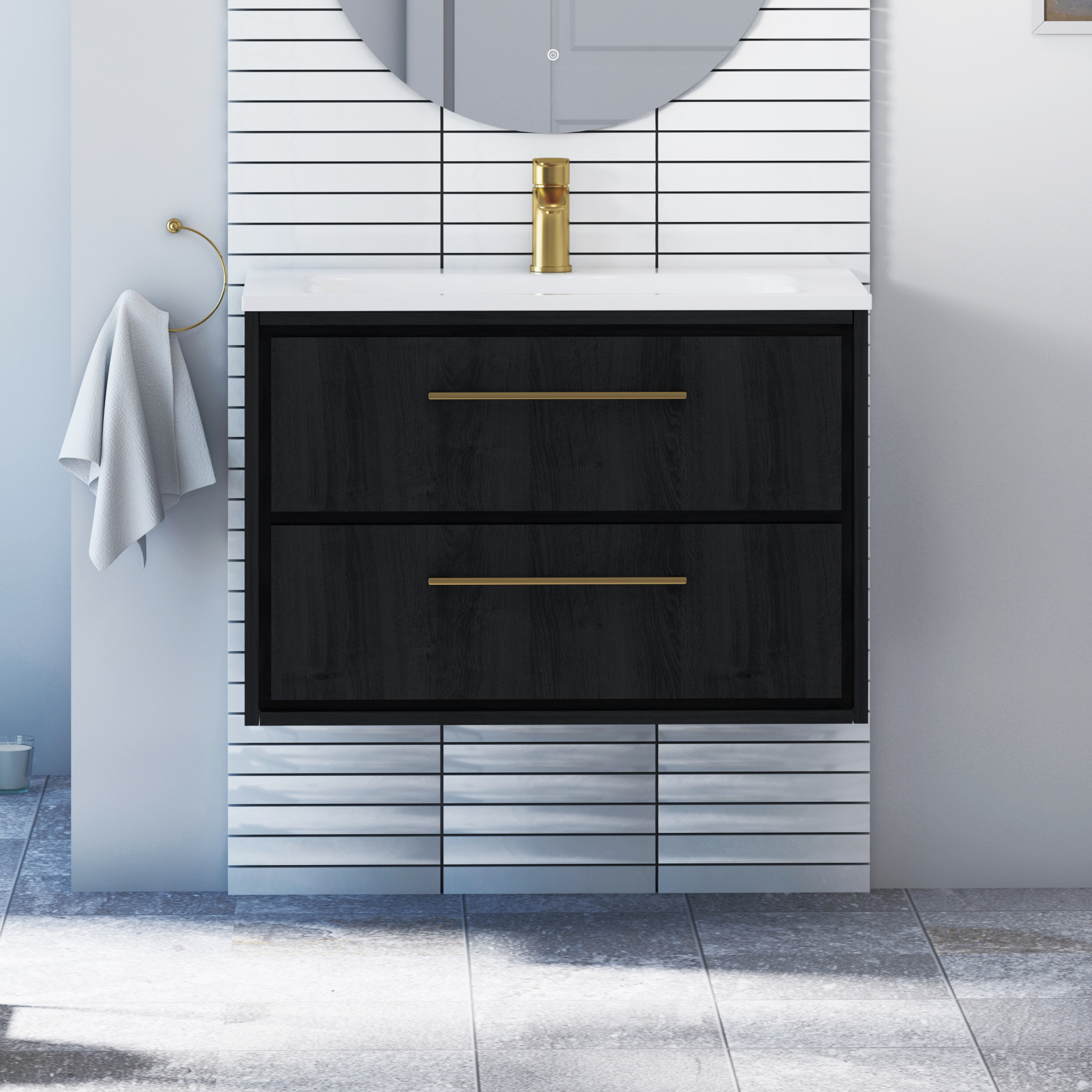 Livora Black Woodgrain Wall Hung 2 Drawer Vanity Unit with Optional Basin  & Various Handles