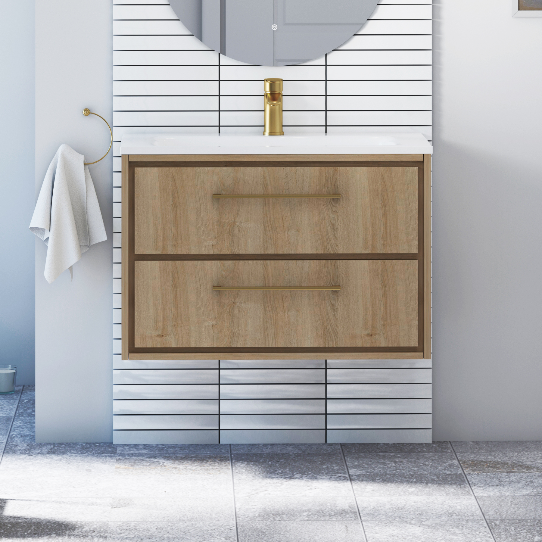Livora Natural Oak Wall Hung 2 Drawer Vanity Unit with Optional Basin  & Various Handles