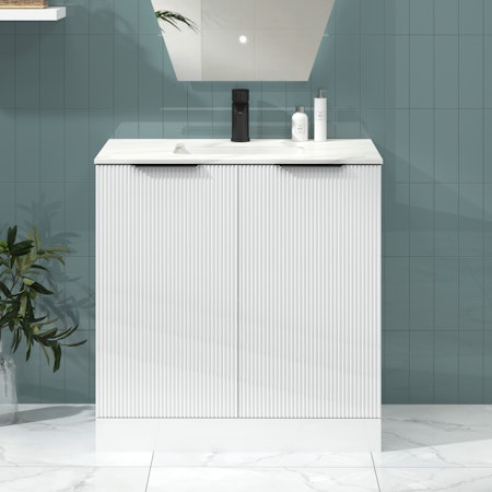 Lyon 800mm Gloss White Fluted Floor Standing Vanity Unit 2 Door with Carrara White Top & Matt Black Handles