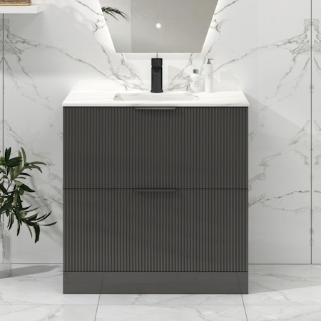 Lyon 800mm Gloss Anthracite Fluted Floor Standing Vanity Unit 2 Drawer with Carrara Marble Top & Matt Black Handles