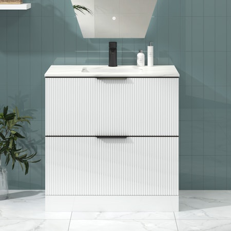 Lyon 800mm Gloss White Fluted Floor Standing Vanity Unit 2 Drawer with Carrara White Top & Matt Black Handles
