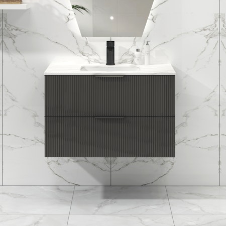 Lyon 800mm Gloss Anthracite Fluted Wall Hung Vanity Unit 2 Drawer with Carrara White Top & Matt Black Handles
