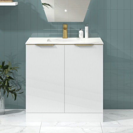 Lyon 800mm Gloss White Fluted Floor Standing Vanity Unit 2 Door with Carrara Marble Top & Brushed Brass Handles