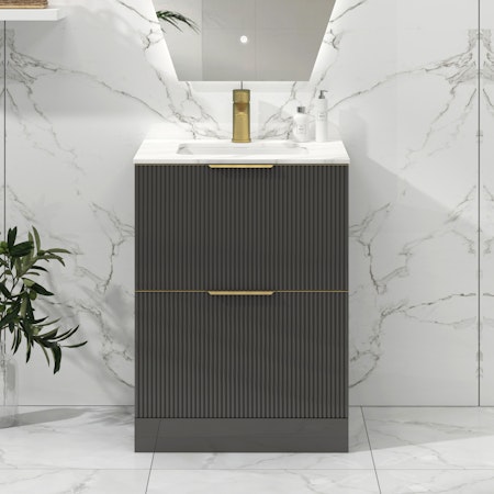 Lyon 600mm Gloss Anthracite Fluted Floor Standing Vanity Unit 2 Drawer with Carrara White Top & Brushed Brass Handles