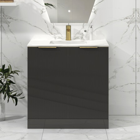 Lyon 800mm Gloss Anthracite Fluted Floor Standing Vanity Unit 2 Drawer with Carrara Marble Top & Brushed Brass Handles