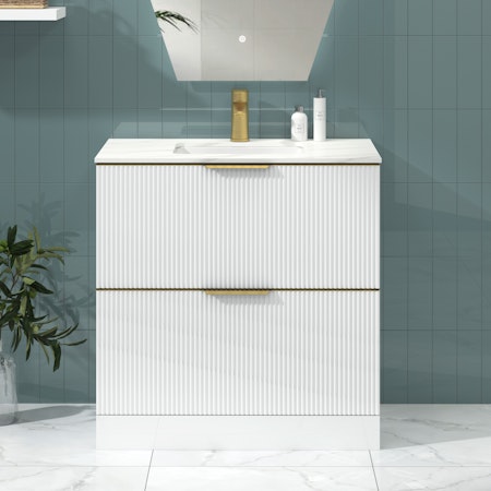 Lyon 800mm Gloss White Fluted Floor Standing Vanity Unit 2 Drawer with Carrara Marble Top & Brushed Brass Handles