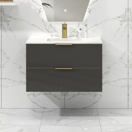 Lyon 800mm Gloss Anthracite Fluted Wall Hung Vanity Unit 2 Drawer with Carrara Marble Top & Brushed Brass Handles