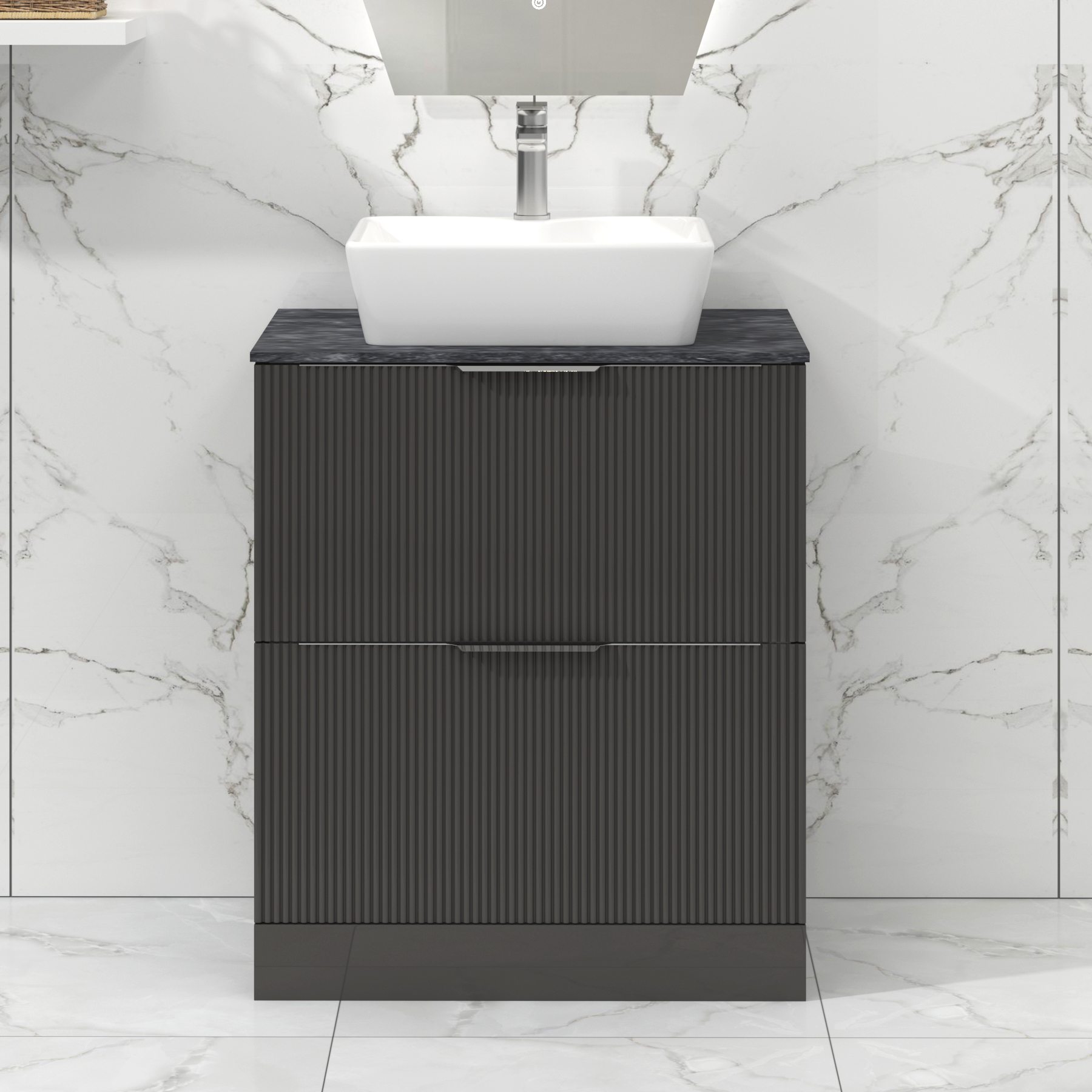 Lyon 700mm Gloss Anthracite Fluted Floor Standing Vanity Unit 2 Drawer with Black Star Countertop Basin - Cube