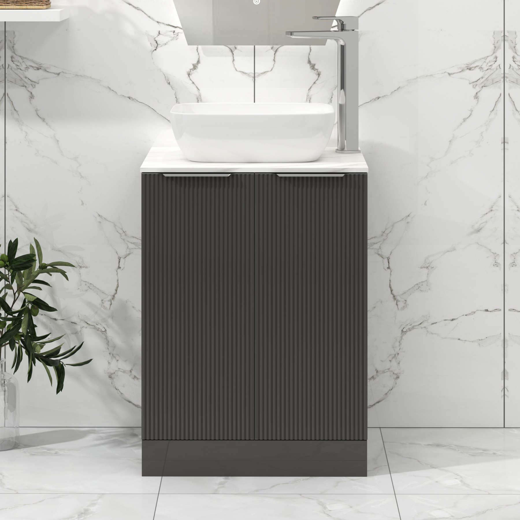 Lyon 600mm Gloss Anthracite Fluted Floor Standing Vanity Unit 2 Door with Countertop Basin - Elva