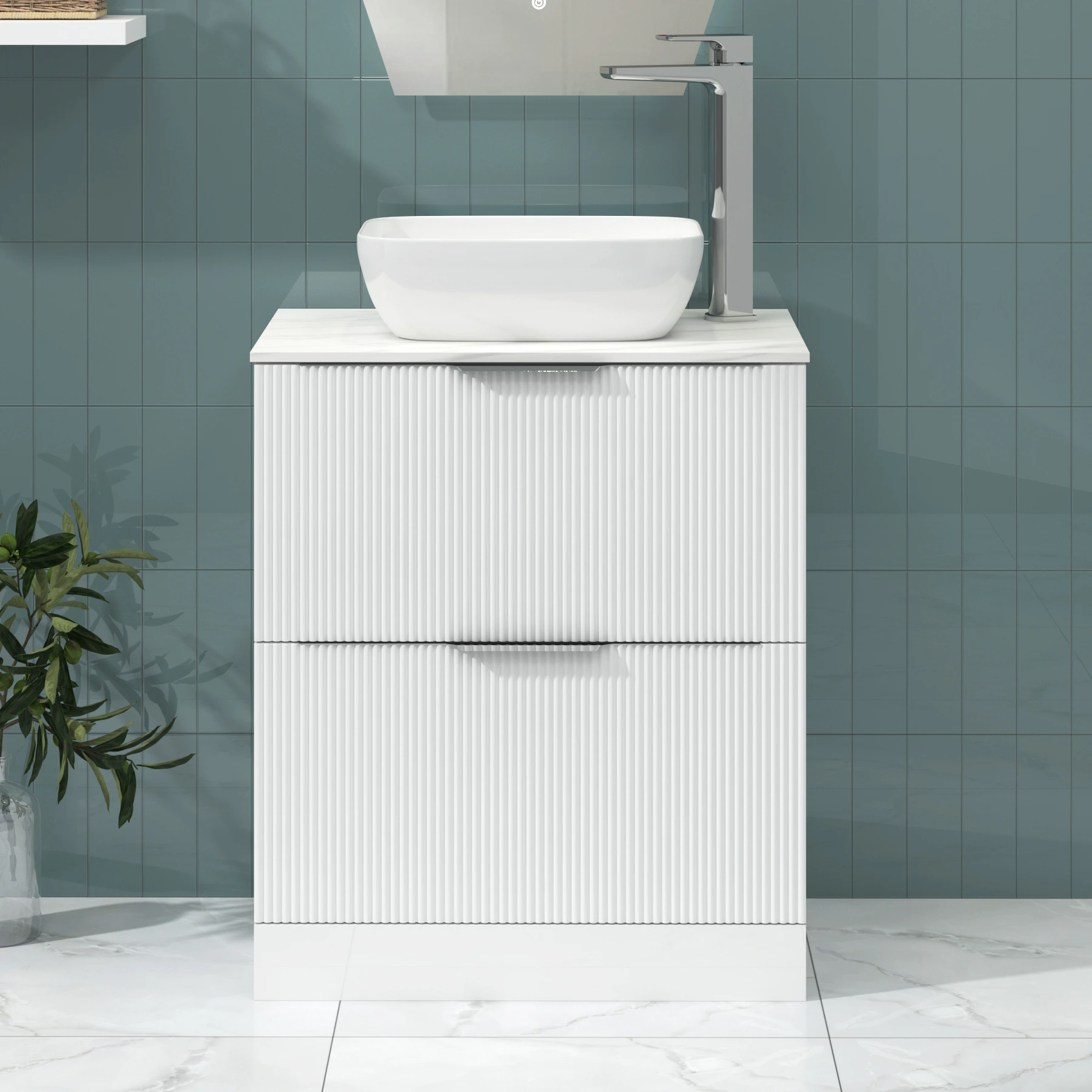 Lyon Fluted Gloss White 2 Drawer Floor Standing Vanity Unit with ...