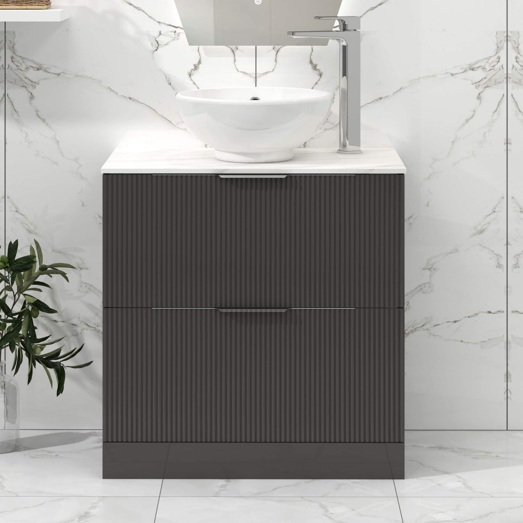 Lyon 800mm Gloss Anthracite Fluted Floor Standing Vanity Unit 2 Drawer with Countertop Basin - Breeze