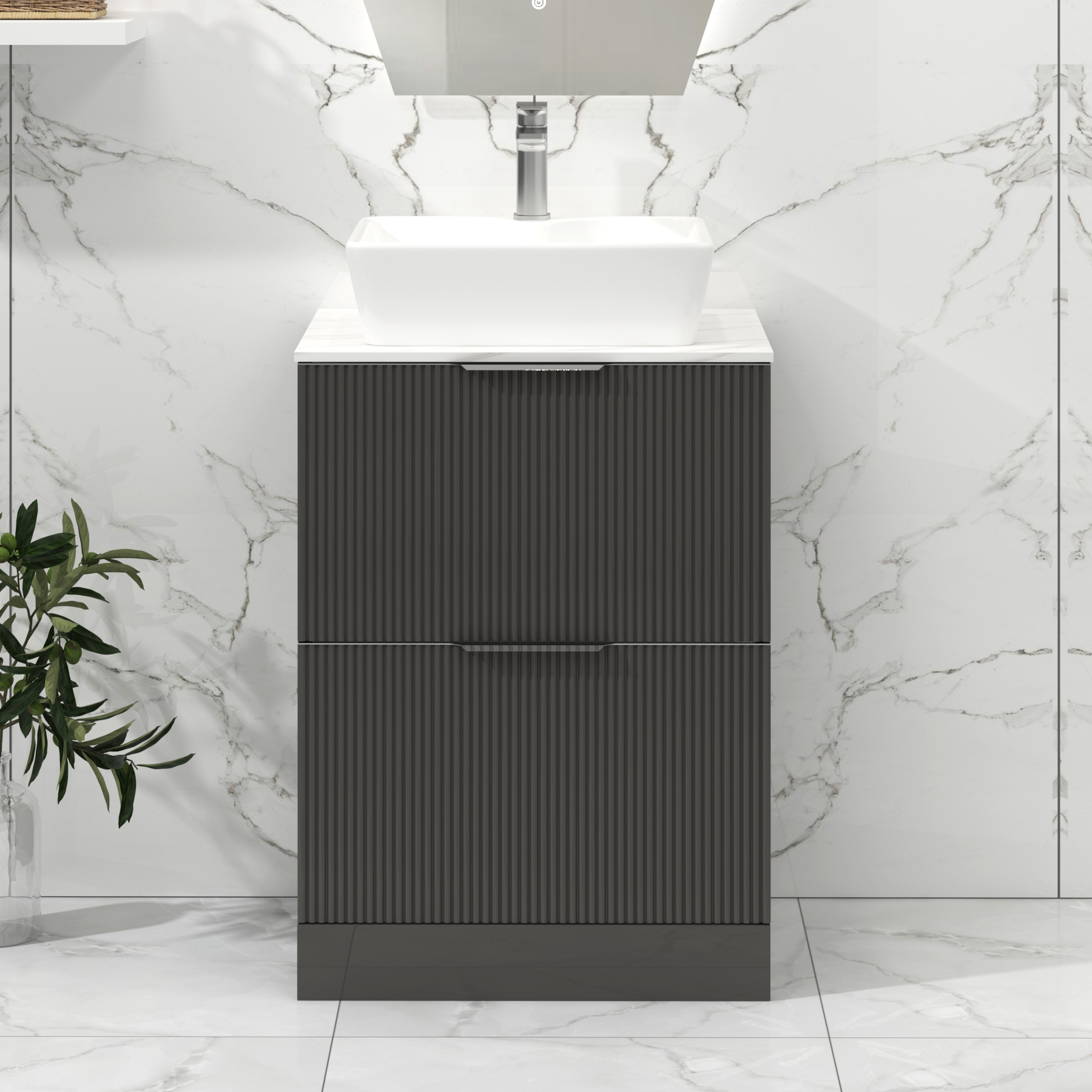 Lyon 600mm Gloss Anthracite Fluted Floor Standing Vanity Unit 2 Drawer with Countertop Basin - Cube