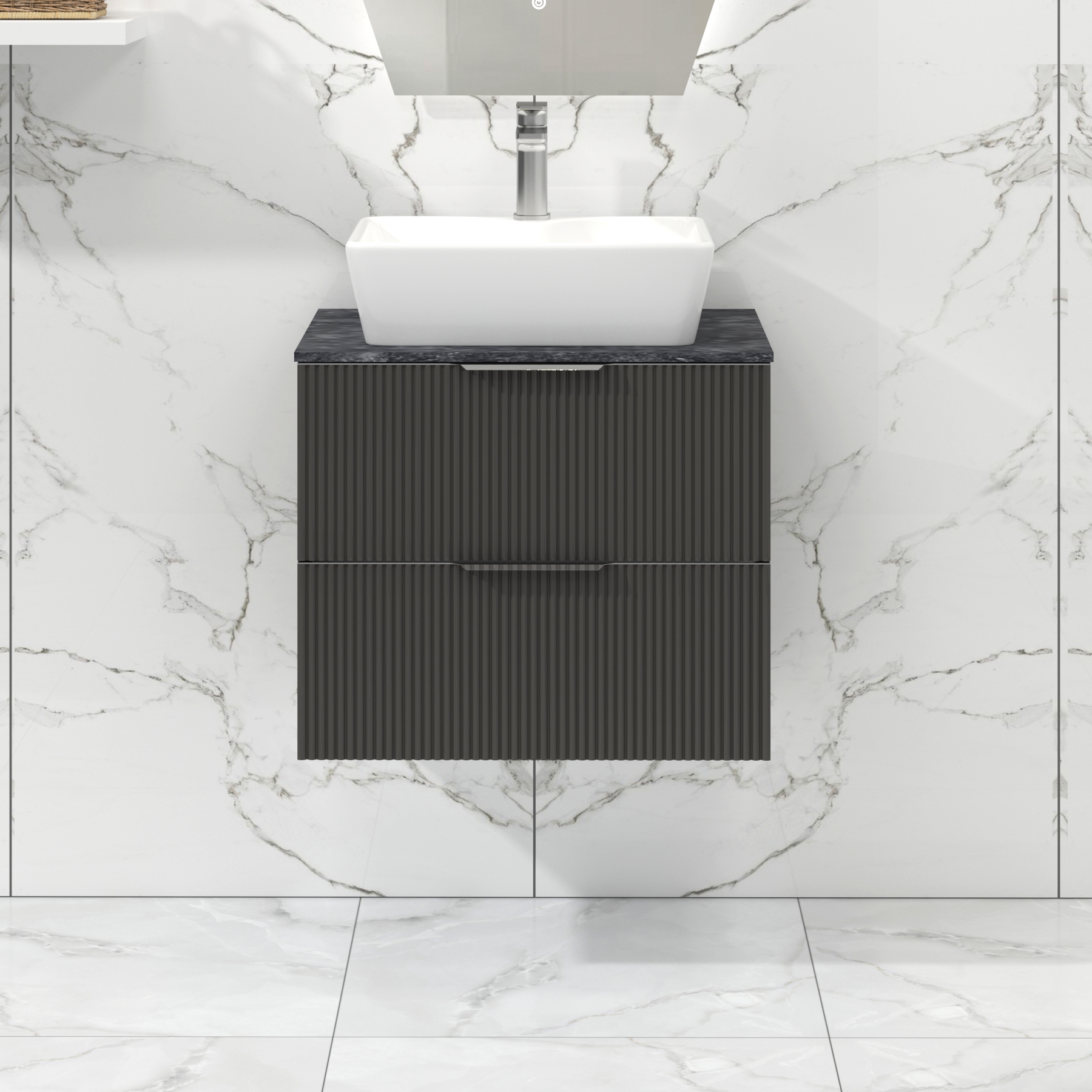 Lyon 600mm Gloss Anthracite Fluted Wall Hung Vanity Unit 2 Drawer with Black Star Countertop Basin - Cube