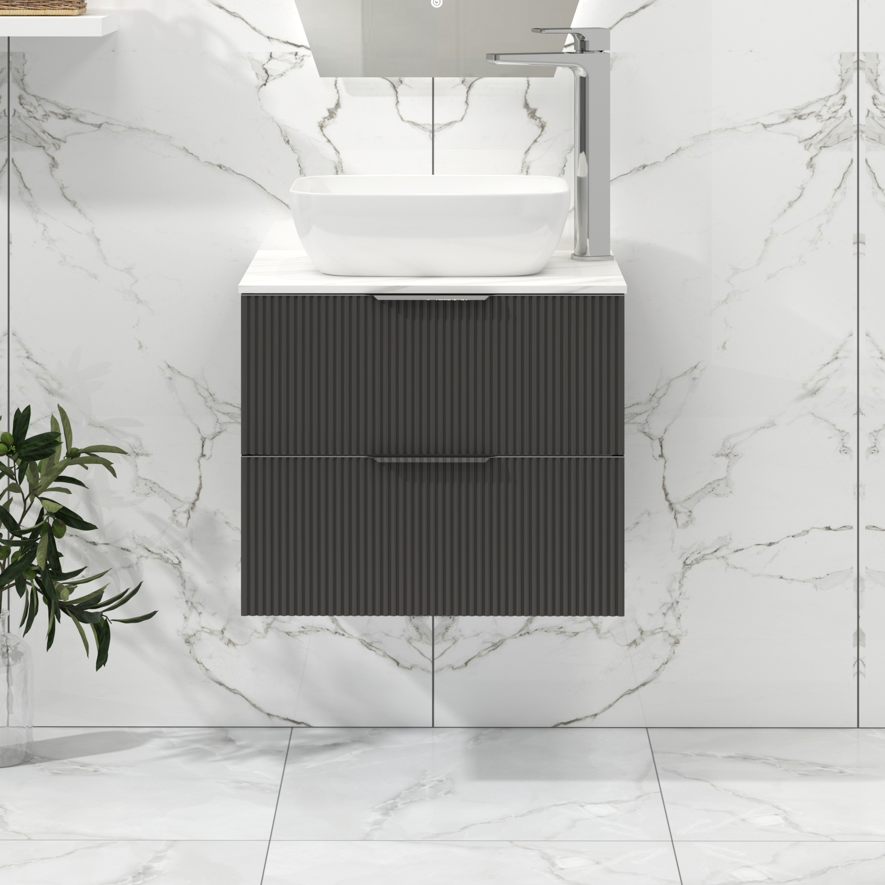 Lyon 600mm Gloss Anthracite Fluted Wall Hung Vanity Unit 2 Drawer with Countertop Basin - Elva