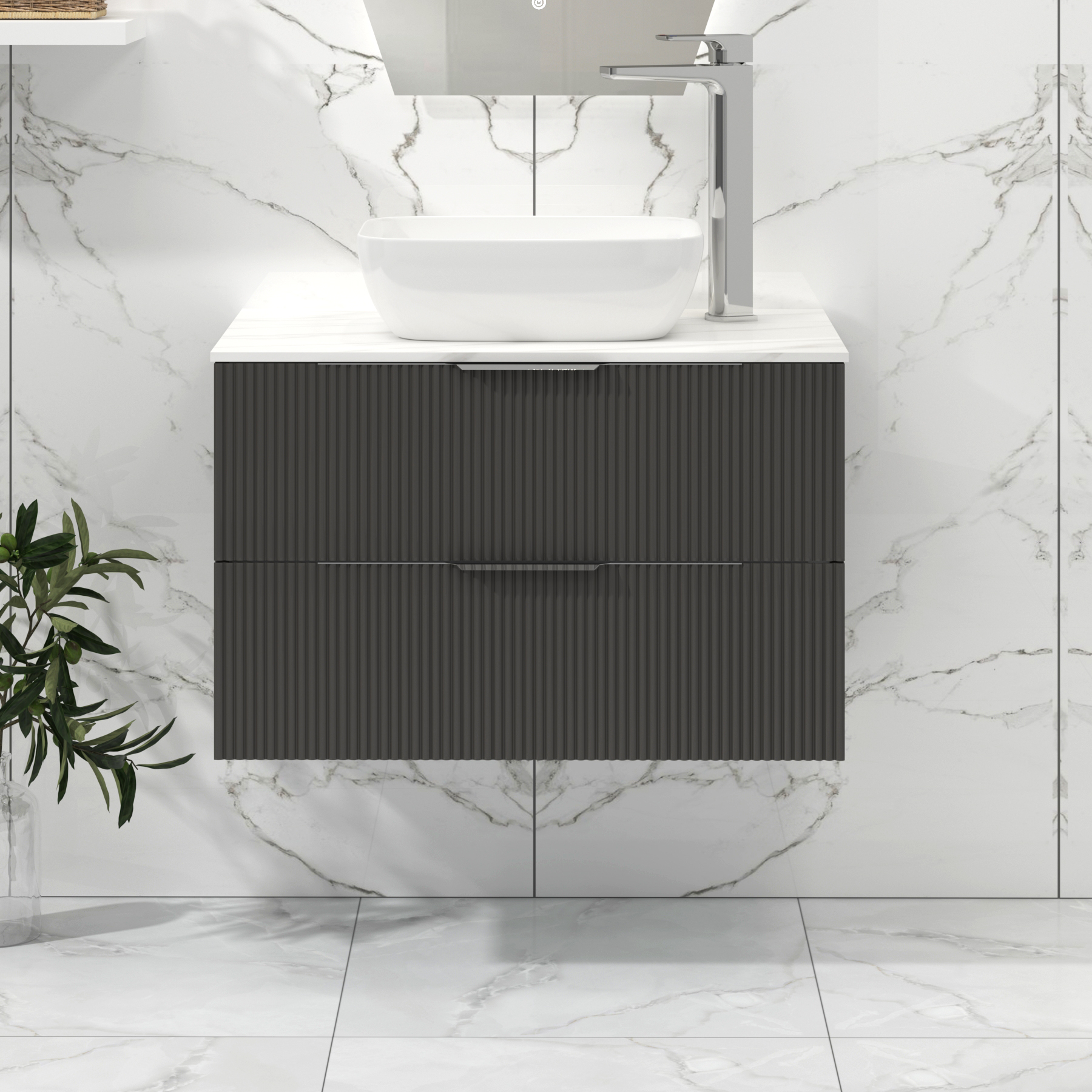 Lyon Fluted Gloss Anthracite 2 Drawer Wall Hung Vanity Unit with Carrara White Top & Countertop Basin