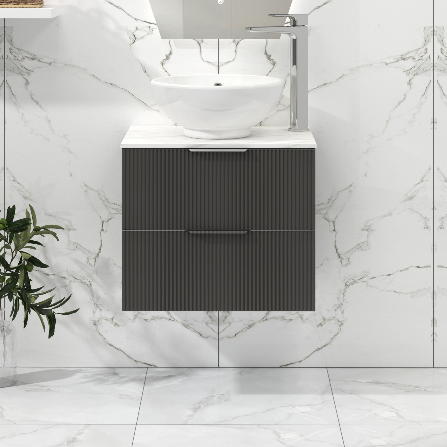 Lyon 600mm Gloss Anthracite Fluted Wall Hung Vanity Unit 2 Drawer with Countertop Basin - Breeze