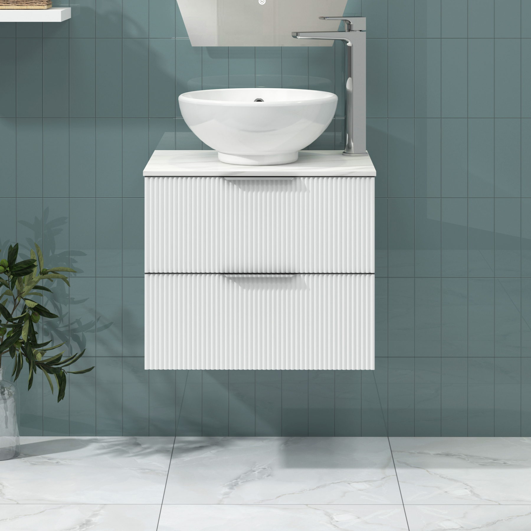 Lyon 600mm Gloss White Fluted Wall Hung Vanity Unit 2 Drawer with Countertop Basin - Breeze