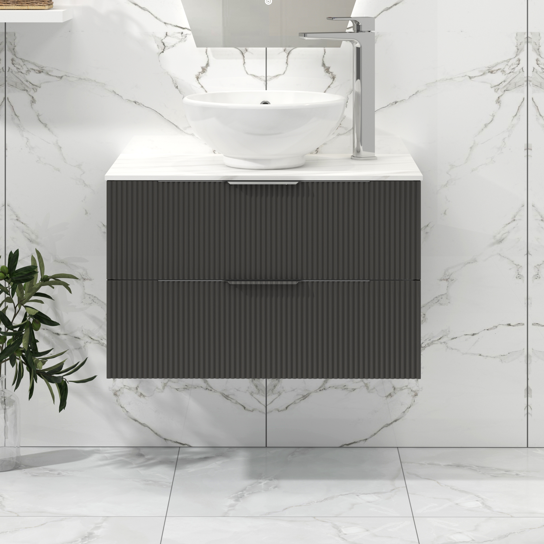 Lyon 800mm Gloss Anthracite Fluted Wall Hung Vanity Unit 2 Drawer with Countertop Basin - Breeze
