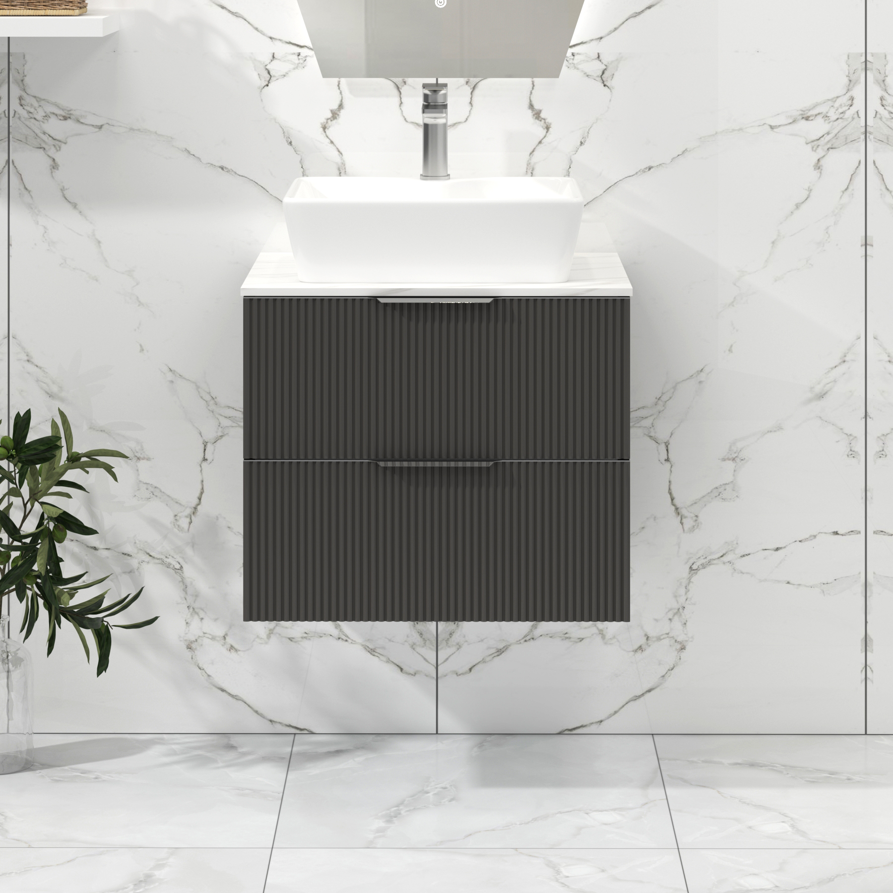 Lyon 600mm Gloss Anthracite Fluted Wall Hung Vanity Unit 2 Drawer with Carrara White Worktop