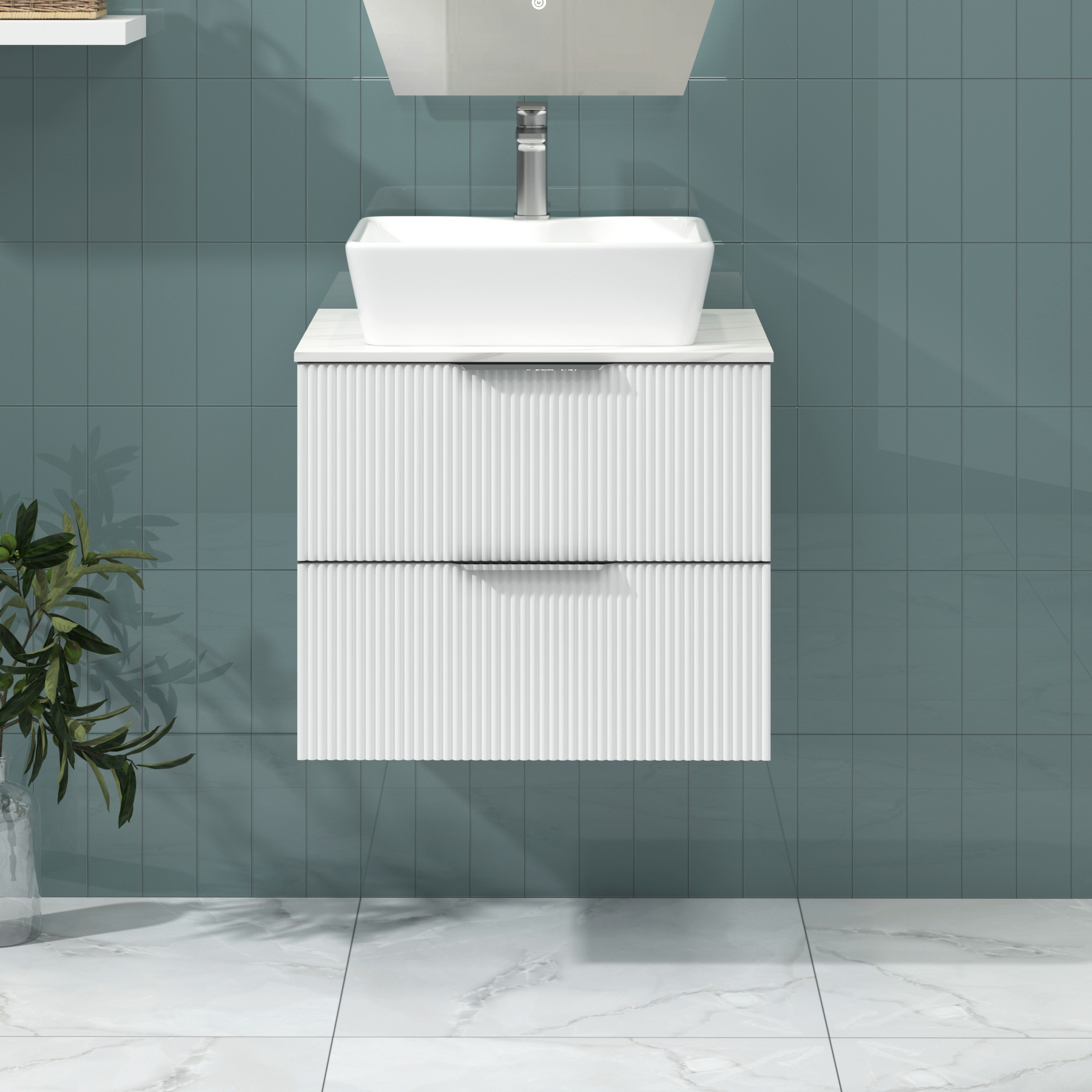 Lyon 600mm Gloss White Fluted Wall Hung Vanity Unit 2 Drawer with Carrara White Worktop