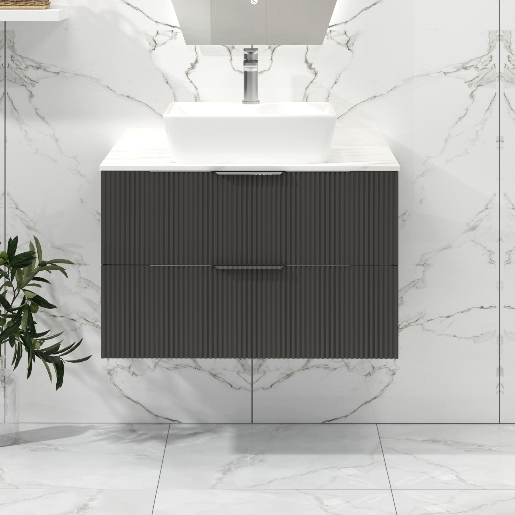 Lyon 800mm Gloss Anthracite Fluted Wall Hung Vanity Unit 2 Drawer with Countertop Basin - Cube