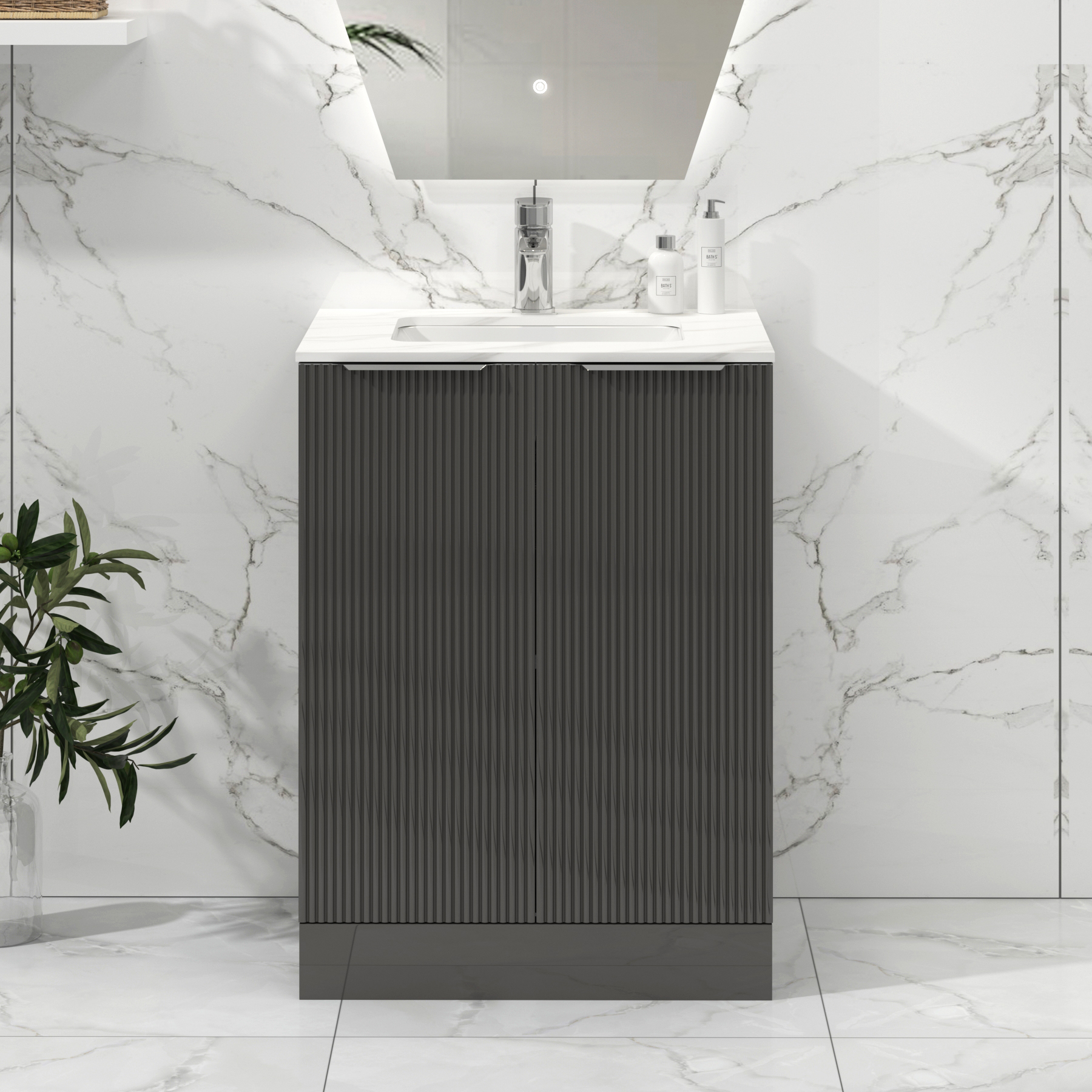 Lyon 600mm Gloss Anthracite Fluted Floor Standing Vanity Unit 2 Door with Carrara White Top